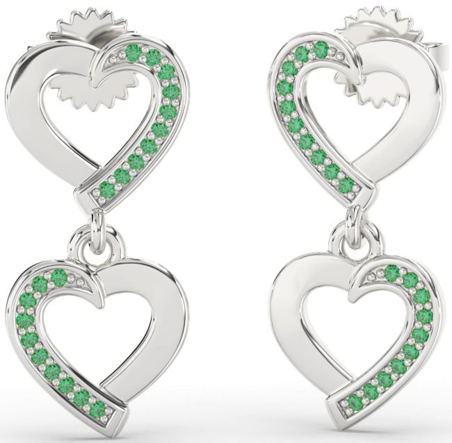 Emerald Platinum Heart Dangle Earrings
