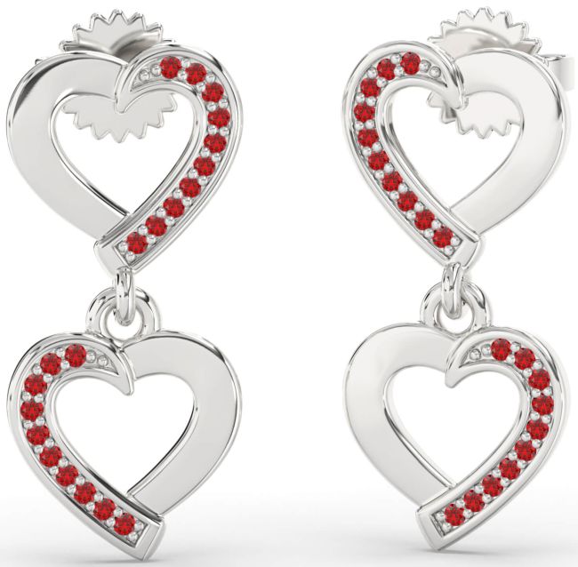 Ruby Silver Heart Dangle Earrings