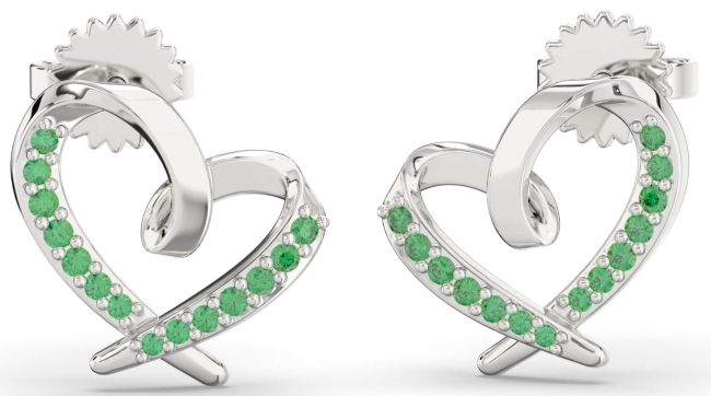 Emerald Platinum Heart Dangle Earrings