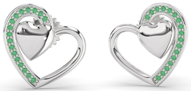 Emerald Platinum Heart Dangle Earrings