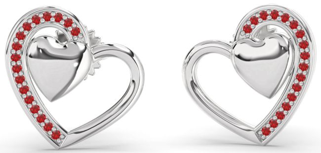 Ruby Silver Heart Dangle Earrings