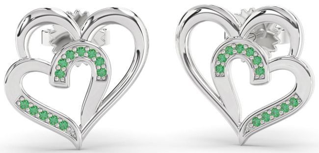 Emerald Platinum Heart Dangle Earrings