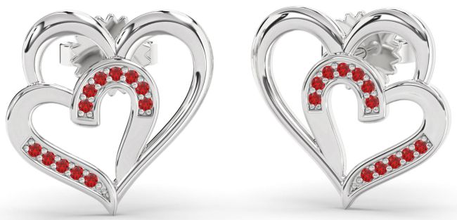 Ruby Silver Heart Dangle Earrings