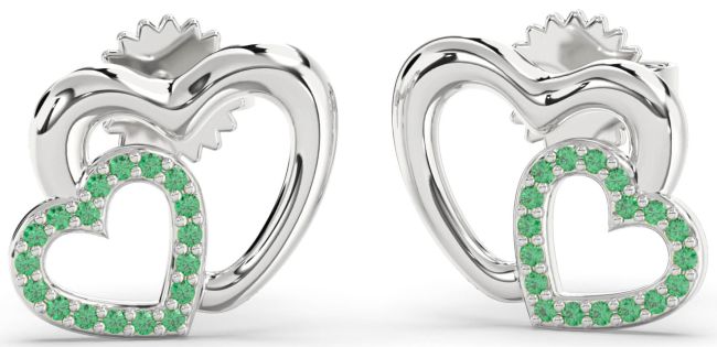 Emerald Platinum Heart Dangle Earrings