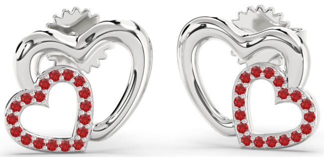 Ruby Silver Heart Dangle Earrings