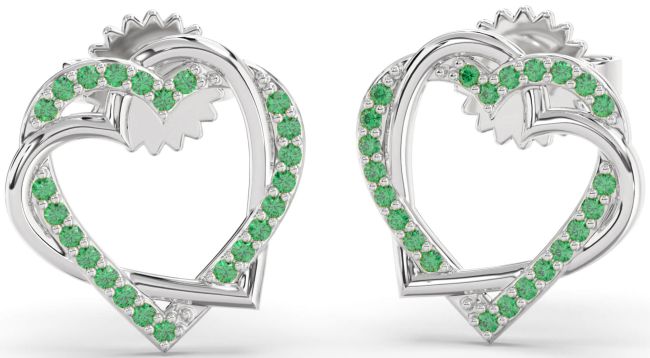 Emerald Platinum Heart Dangle Earrings