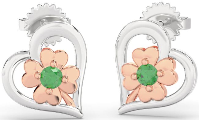Emerald Rose Gold Silver Heart Flower Dangle Earrings