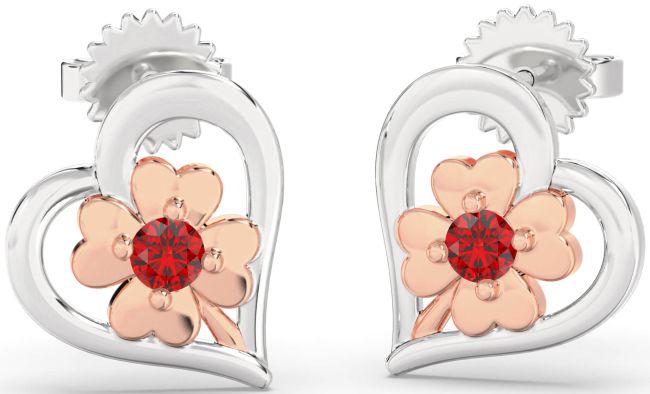 Ruby Platinum & Rose Gold Heart Flower Dangle Earrings