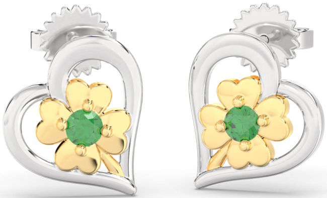 Emerald Silver & 10K gold Heart Flower Dangle Earrings