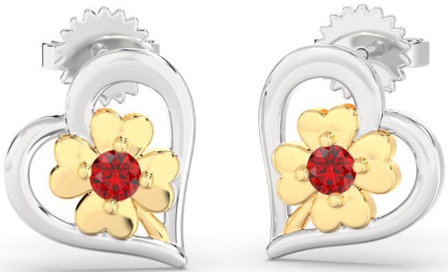Ruby Platinum & Yellow Gold Heart Flower Dangle Earrings
