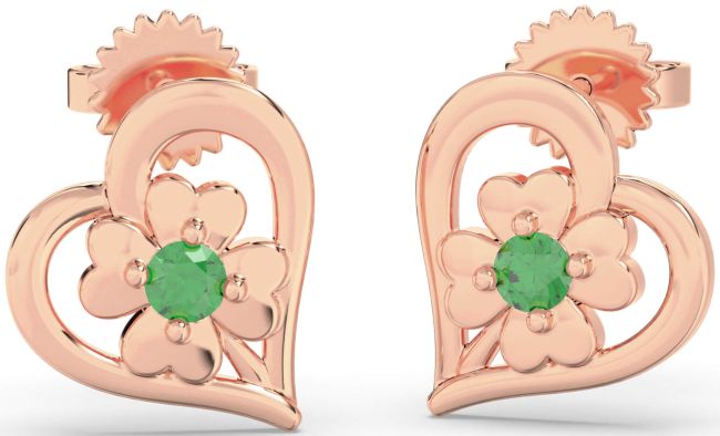Emerald Rose Gold Heart Flower Dangle Earrings