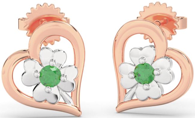 Emerald Rose Gold Silver Heart Flower Dangle Earrings