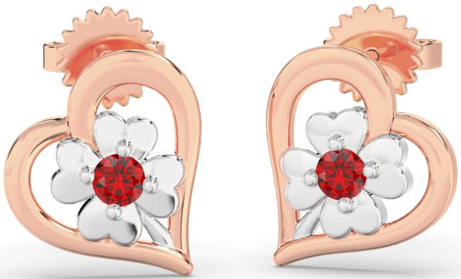 Ruby Rose Gold Silver Heart Flower Dangle Earrings