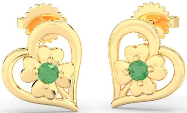 Emerald Gold Heart Flower Dangle Earrings