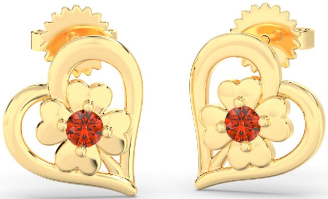 Fire Opal Gold Silver Heart Flower Dangle Earrings