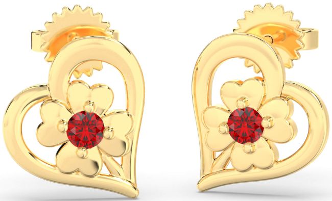 Ruby Gold Heart Flower Dangle Earrings