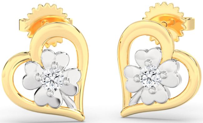Diamond Gold Silver Heart Flower Dangle Earrings