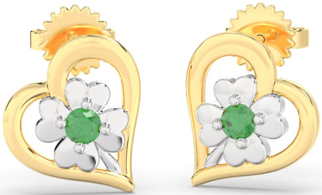 Emerald White Yellow Gold Heart Flower Dangle Earrings