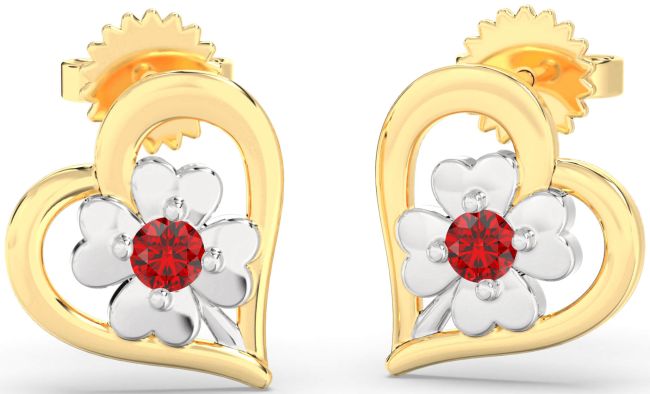 Ruby Gold Silver Heart Flower Dangle Earrings