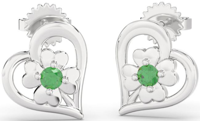 Emerald White Gold Heart Flower Dangle Earrings