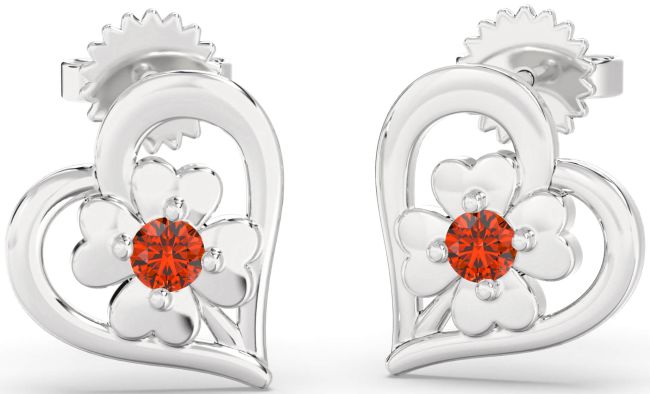 Fire Opal White Gold Heart Flower Dangle Earrings