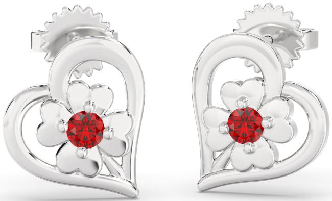 Ruby Platinum Heart Flower Dangle Earrings