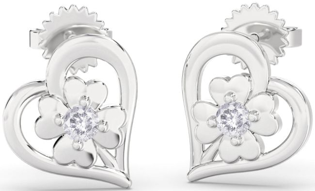 Salt & Pepper Diamond Platinum Heart Flower Dangle Earrings