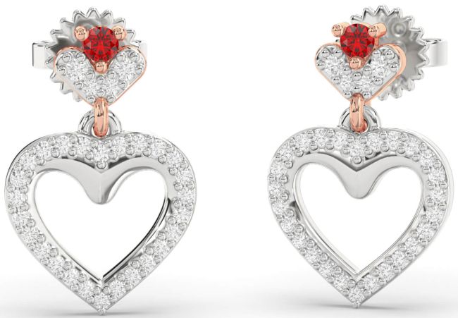 Diamond Ruby Silver & 10K Rose Gold Heart Dangle Earrings