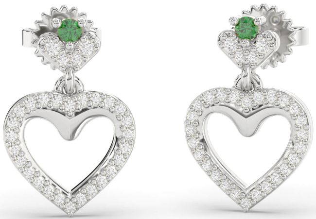 Diamond Emerald Platinum Heart Dangle Earrings