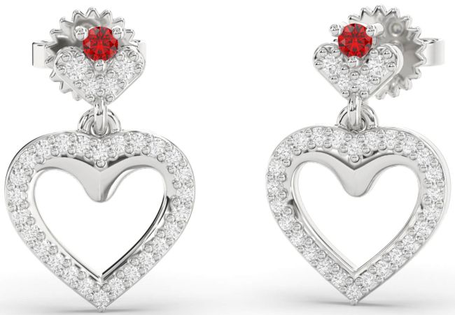 Diamond Ruby Platinum Heart Dangle Earrings