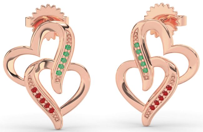 Emerald & Ruby Rose Gold Silver Heart Dangle Earrings