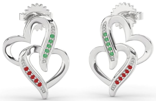 Emerald & Ruby Platinum Heart Dangle Earrings