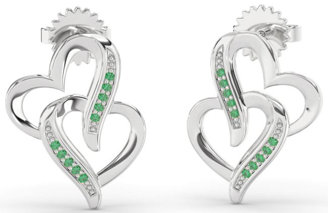 Emerald Platinum Heart Dangle Earrings