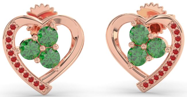 Emerald & Ruby Rose Gold Silver Heart Dangle Earrings