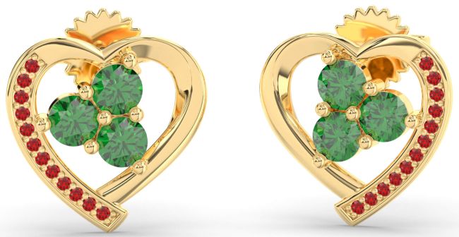 Emerald & Ruby Gold Silver Heart Dangle Earrings