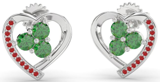 Emerald & Ruby Silver Heart Dangle Earrings