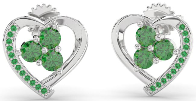 Emerald Platinum Heart Dangle Earrings