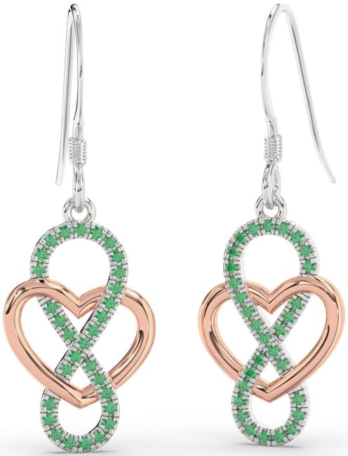 Emerald White Rose Gold Heart Infinity Dangle Earrings