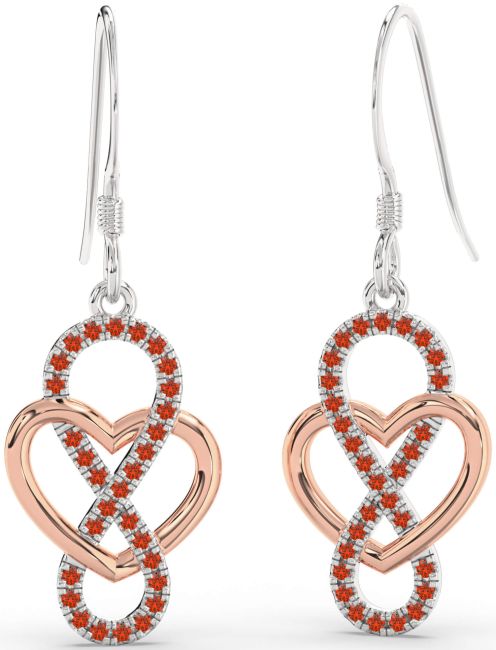 Fire Opal Rose Gold Silver Heart Infinity Dangle Earrings