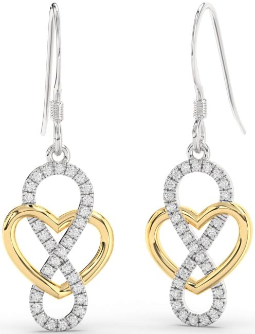 Diamond White Yellow Gold Heart Infinity Dangle Earrings