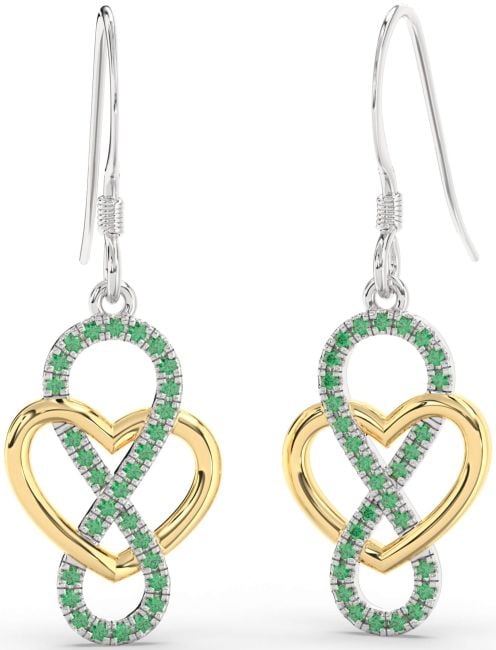 Emerald Platinum & Yellow Gold Heart Infinity Dangle Earrings