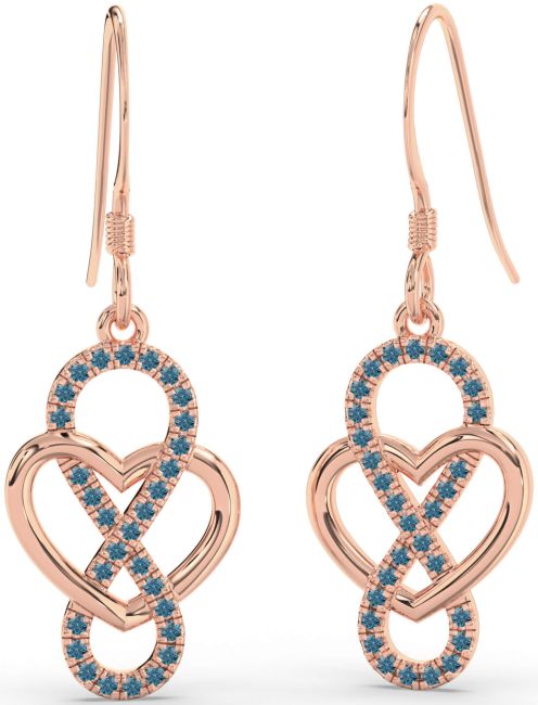 Blue Diamond Rose Gold Heart Infinity Dangle Earrings