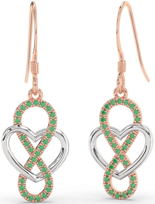 Emerald White Rose Gold Heart Infinity Dangle Earrings