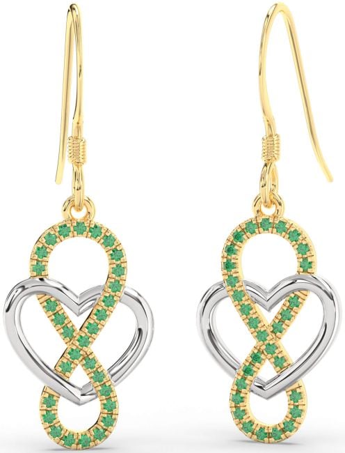 Emerald White Yellow Gold Heart Infinity Dangle Earrings