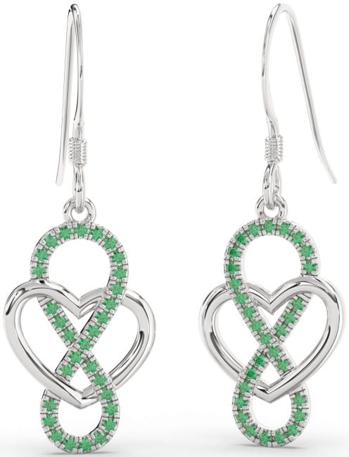 Emerald Silver Heart Infinity Dangle Earrings