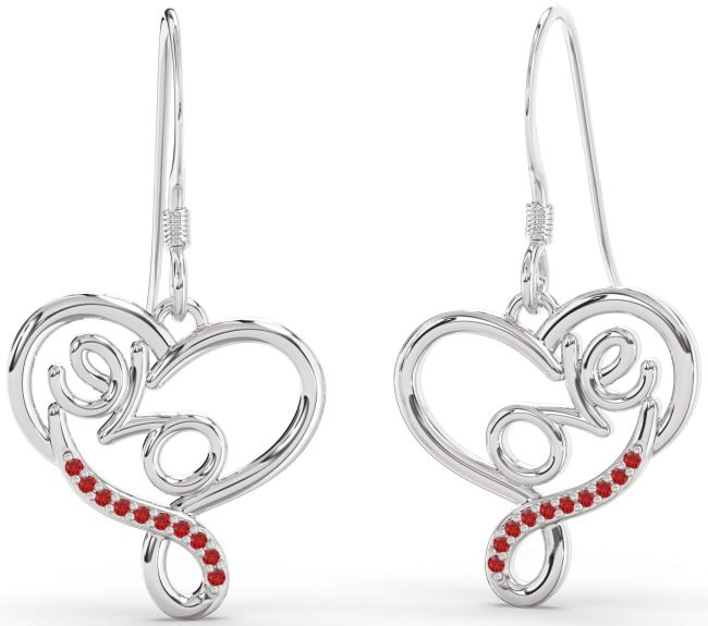Ruby Silver Love Heart Dangle Earrings