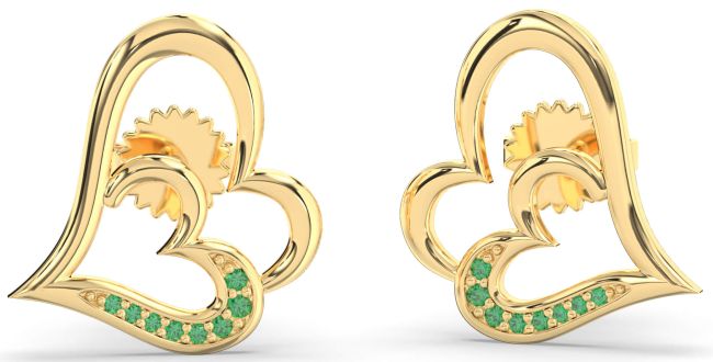 Emerald Gold Silver Heart Stud Earrings
