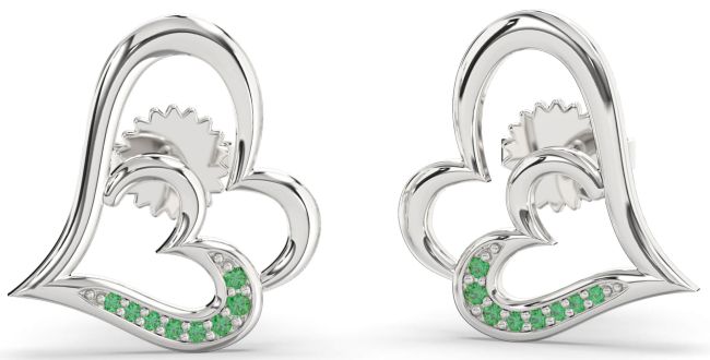 Emerald Platinum Heart Stud Earrings