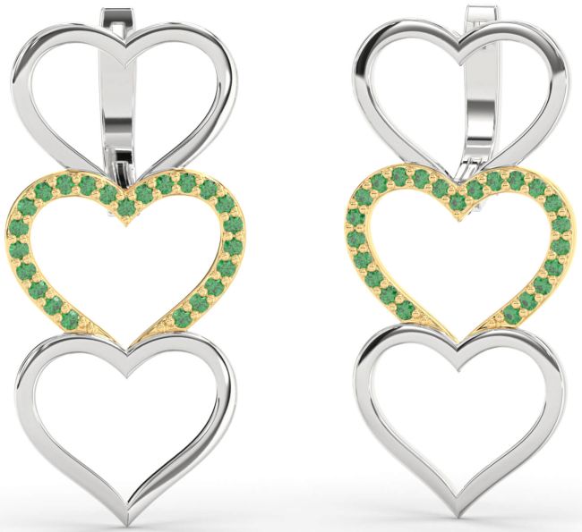 Emerald Gold Silver Heart Dangle Earrings