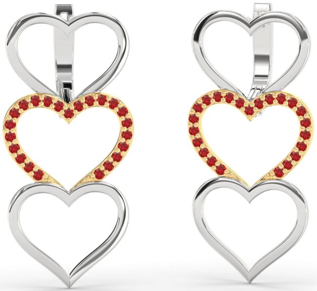 Ruby Platinum & Yellow Gold Heart Dangle Earrings